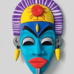 3D LOOP KRZYSZTOF CHUDZIO - Kolorowa, ręcznie wykonana maska afrykańska z niebieską twarzą, czerwonymi ustami i żółtymi kolczykami na szarym tle. Widoczne detale malowania i faktura materiału.