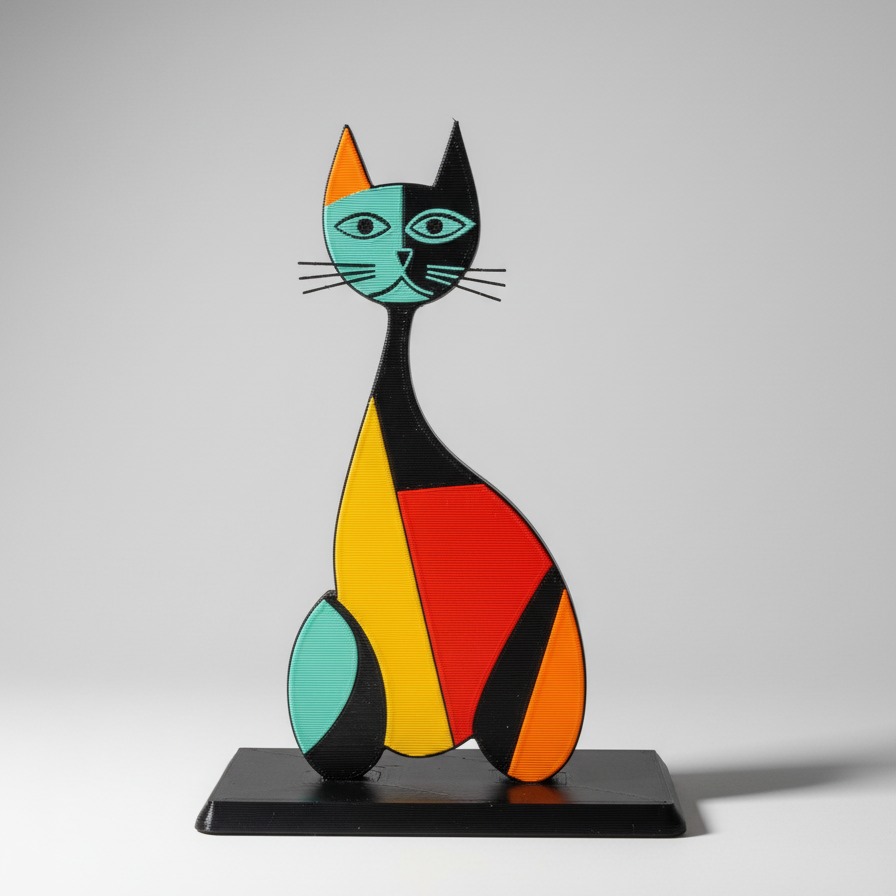 Figurka kota w stylu art deco, wydrukowana w 3D z widoczną teksturą warstw, w kolorach: turkus, czarny, żółty, czerwony i pomarańczowy, na czarnej podstawie.