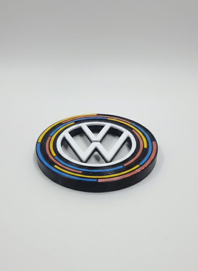 Okrągły, czarny model z białym logo VW, otoczony kolorowymi paskami (żółty, niebieski, różowy), wydrukowany w 3D na białym tle. Precyzyjne wykonanie.