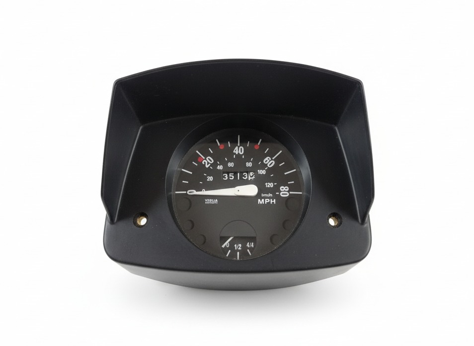 Czarny prędkościomierz motocyklowy z białymi wskazówkami i cyframi, widoczny z przodu na białym tle. Widoczne otwory montażowe i oznaczenia prędkości w milach na godzinę.