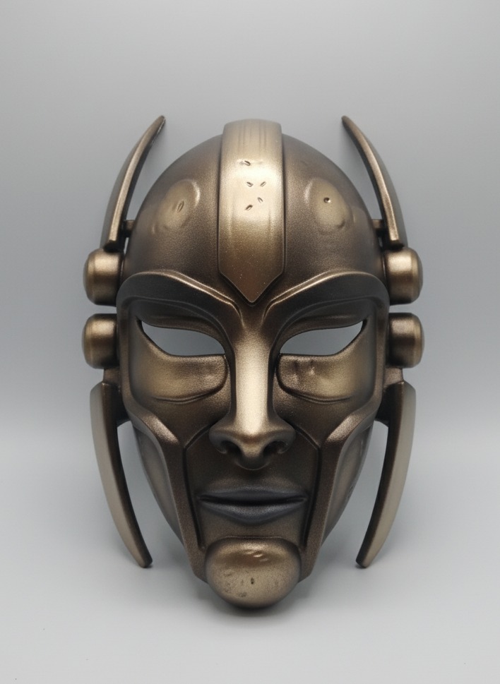 Metaliczna maska w stylu sci-fi, wydrukowana w 3D, z widocznymi detalami i teksturą, na jednolitym tle. Unikalny design z elementami inspirowanymi futurystyczną technologią.
