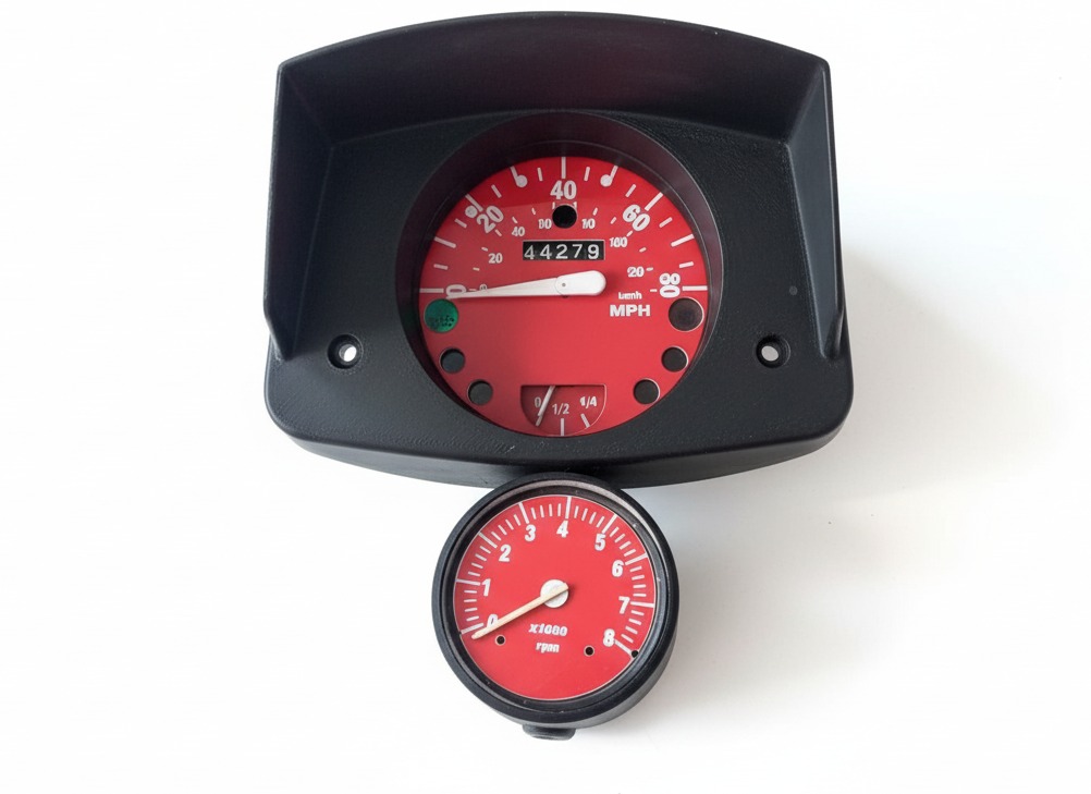 Czerwony prędkościomierz i obrotomierz z czarną obudową na białym tle. Widoczne wskazania prędkości i obrotów silnika. Detal motoryzacyjny, potencjalnie element projektu CAD.