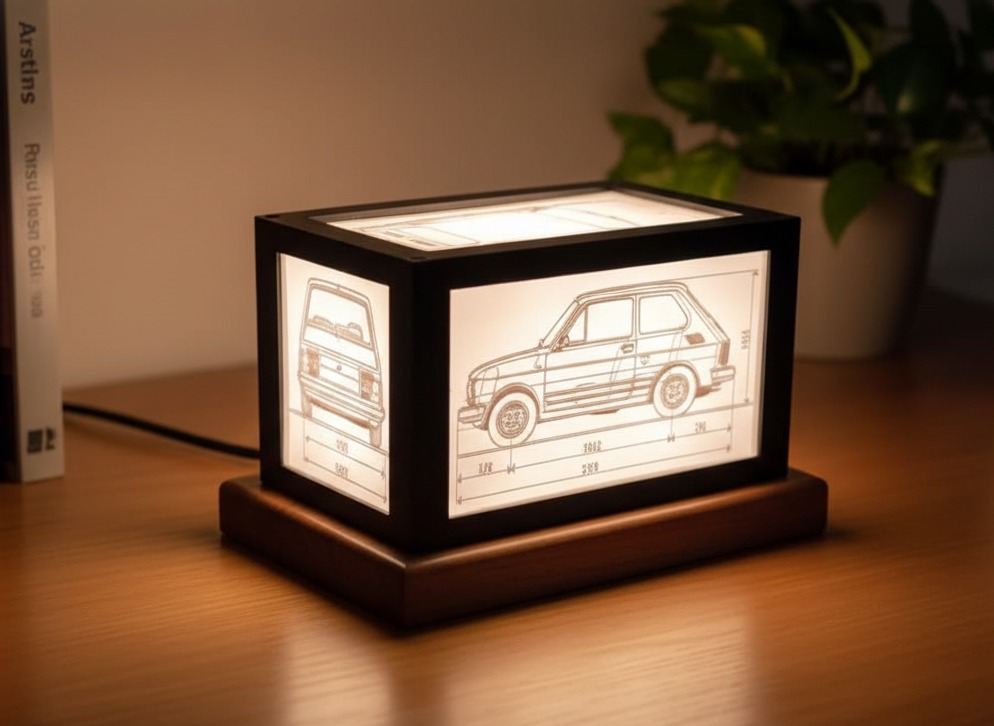 Podświetlana lampka z czarną ramką, prezentująca rysunek techniczy Fiata 126p z wymiarami, umieszczona na drewnianej podstawie. Ciepłe światło, roślina w tle.