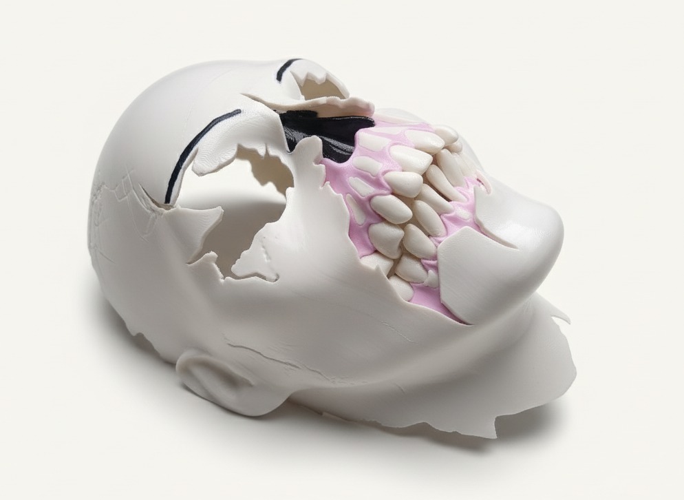 Biała, rozbita maska twarzy z różowymi zębami, wydrukowana w 3D, leżąca na białym tle. Widoczne warstwy druku i pęknięcia.