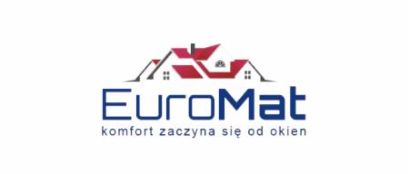 Logo firmy EuroMat z motywem domu i hasłem 'komfort zaczyna się od okien'.