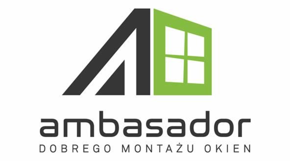 Logo firmy 'ambasador' z symbolem okna w kolorze zielonym i hasłem 'DOBREGO MONTAŻU OKIEN'.