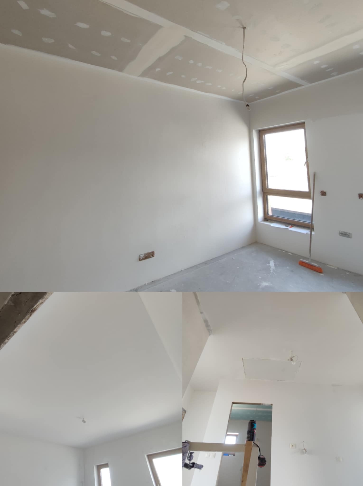 Jasne wnętrze po szpachlowaniu i malowaniu ścian na biało. Widoczne gładkie powierzchnie, okno z drewnianą ramą i fragment sufitu z płyt karton-gips.