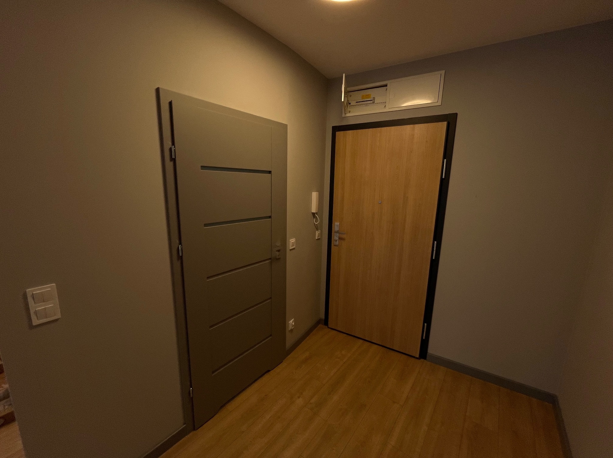 Dwa różne rodzaje drzwi wewnętrznych: szare, panelowe drzwi po lewej i drewniane drzwi wejściowe z czarną ramą po prawej, na tle beżowej ściany i drewnianej podłogi.