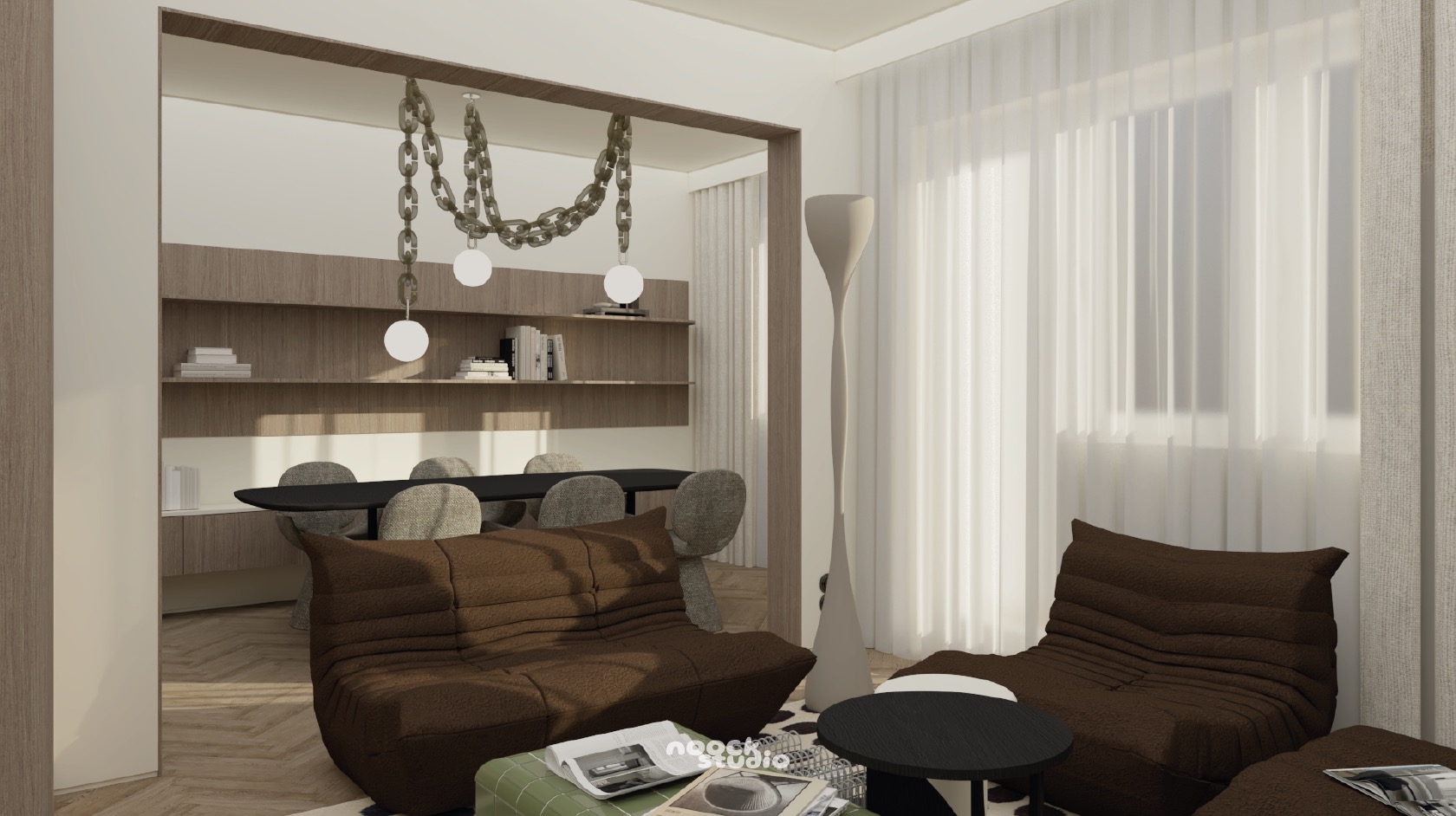 Wizualizacja salonu z brązowymi sofami Togo, lampą podłogową i stołem. W tle regał z książkami i dekoracyjna lampa łańcuchowa. Projekt wnętrza w neutralnej kolorystyce.