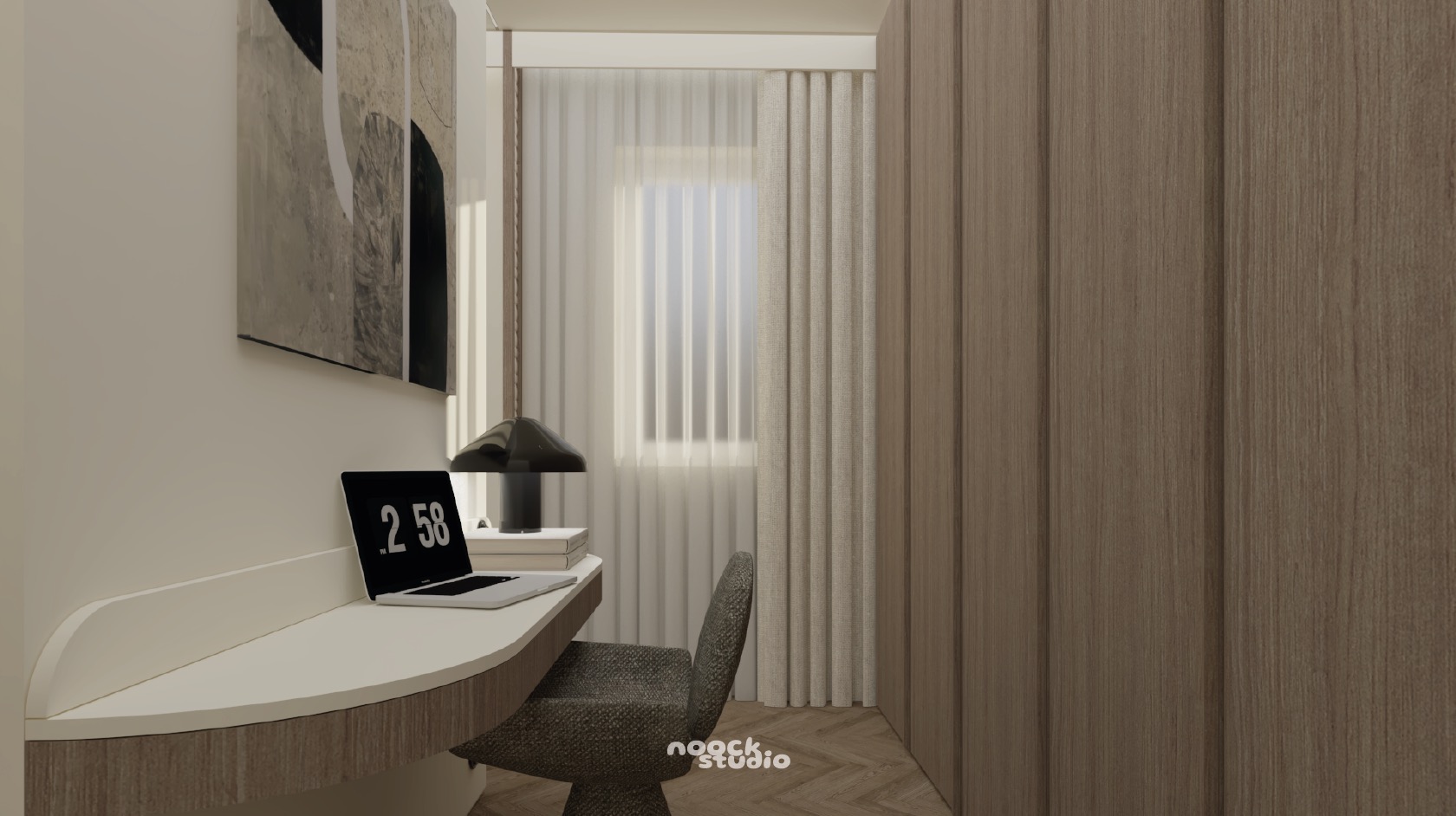 Wnętrze pokoju z biurkiem, laptopem i lampką na tle okna z zasłonami i drewnianej szafy. Na ścianie abstrakcyjny obraz. Minimalistyczny design.