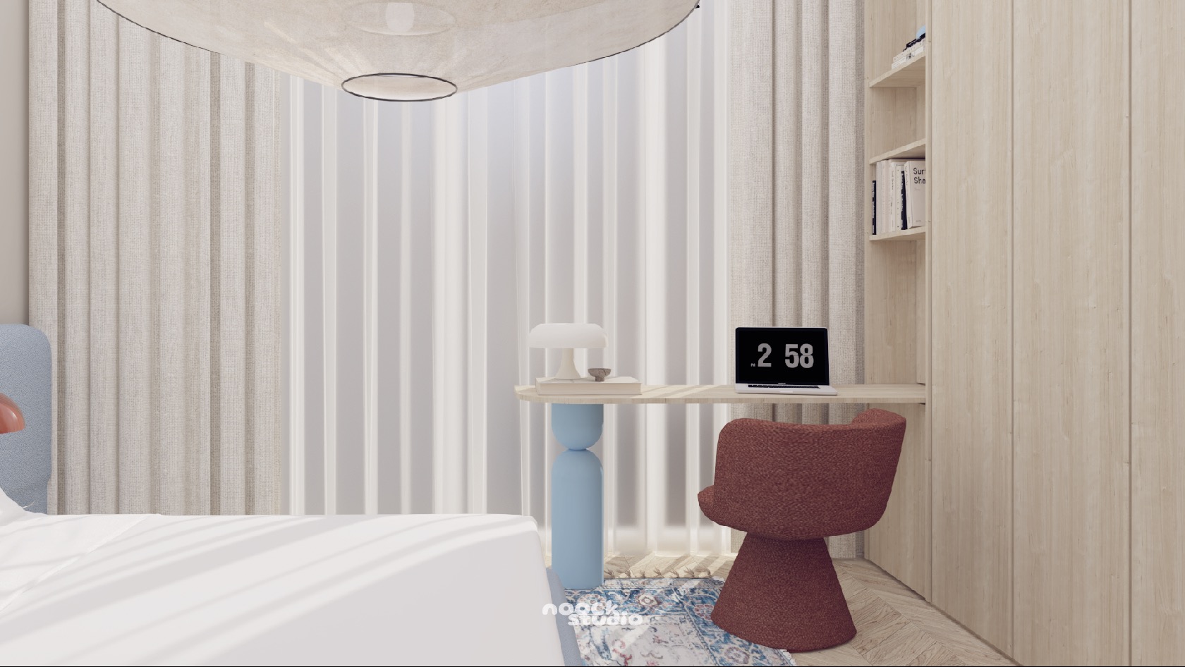 Wizualizacja sypialni z biurkiem i krzesłem w odcieniach beżu i błękitu. Minimalistyczny design, lampa na biurku, laptop i dywan z wzorem. Projekt wnętrza.