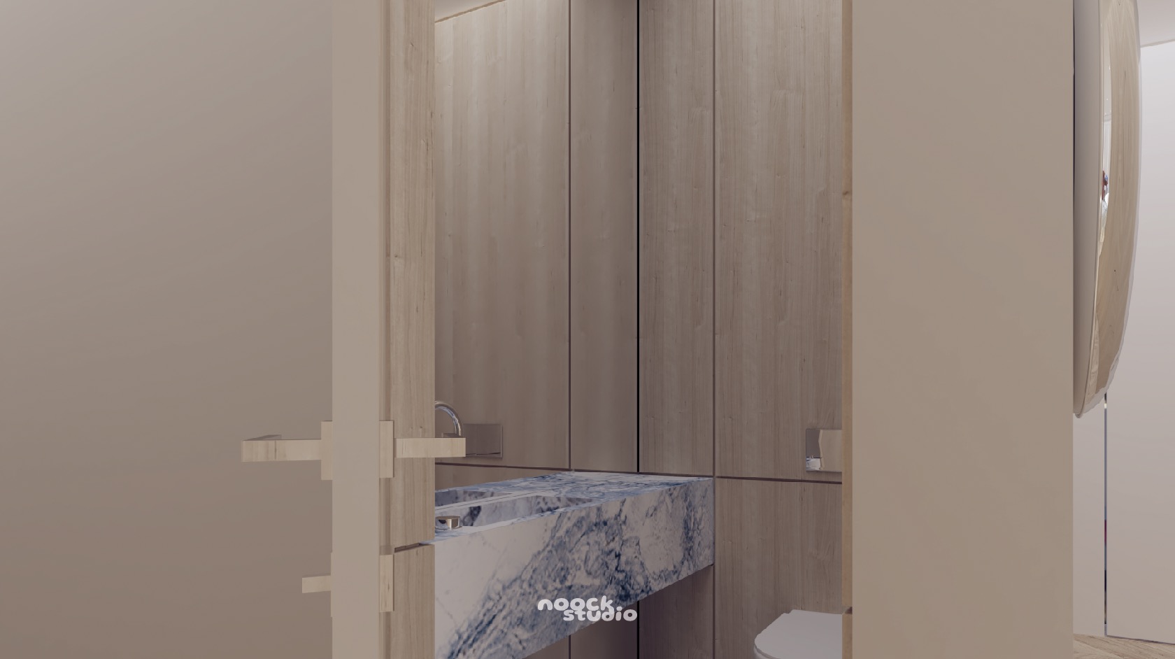 Nowoczesna łazienka z marmurową umywalką i drewnianymi szafkami. Minimalistyczny design, stonowana kolorystyka, widoczne logo 'noock.studio' na umywalce.