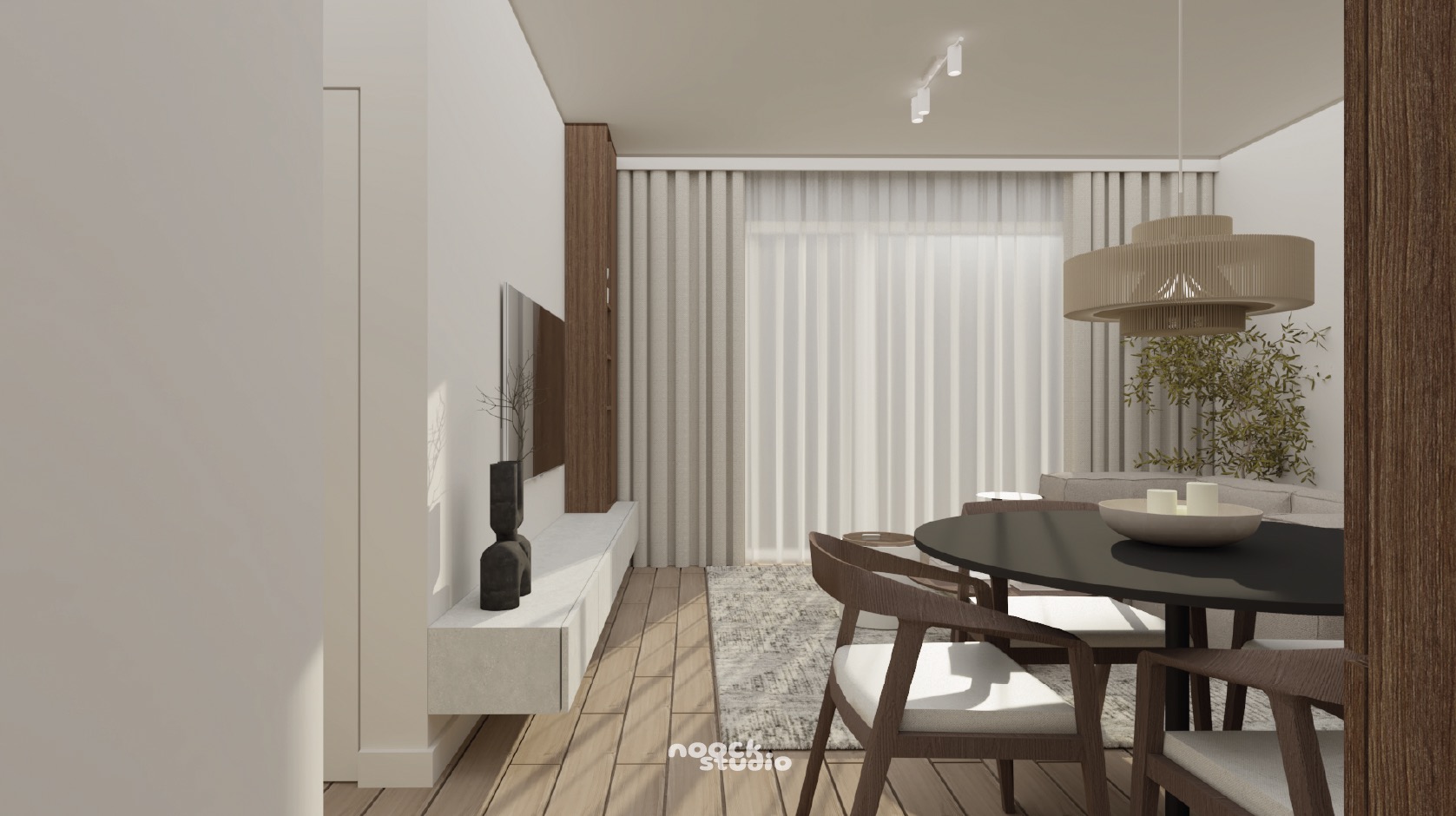 Wizualizacja wnętrza: salon z okrągłym stołem, drewnianymi krzesłami, minimalistyczną szafką RTV i dekoracyjną lampą. Stonowana kolorystyka, drewniana podłoga.