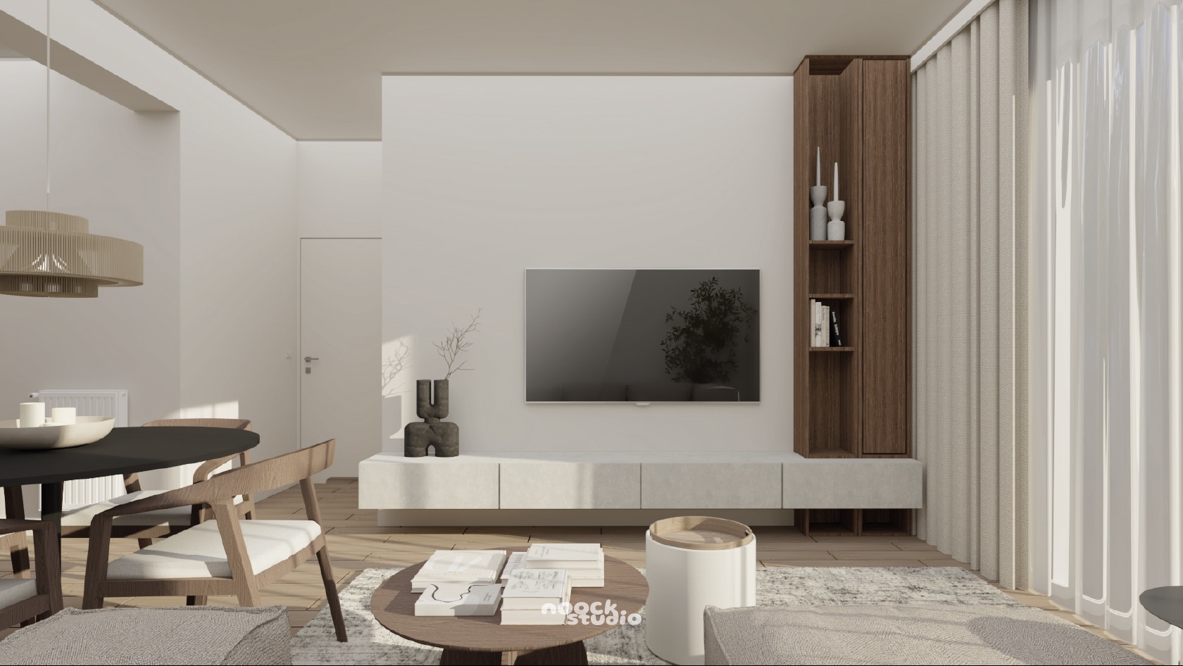 Jasne wnętrze z drewnianymi akcentami: stół z krzesłami, telewizor na ścianie, minimalistyczna dekoracja i regał. Projekt w neutralnej kolorystyce.