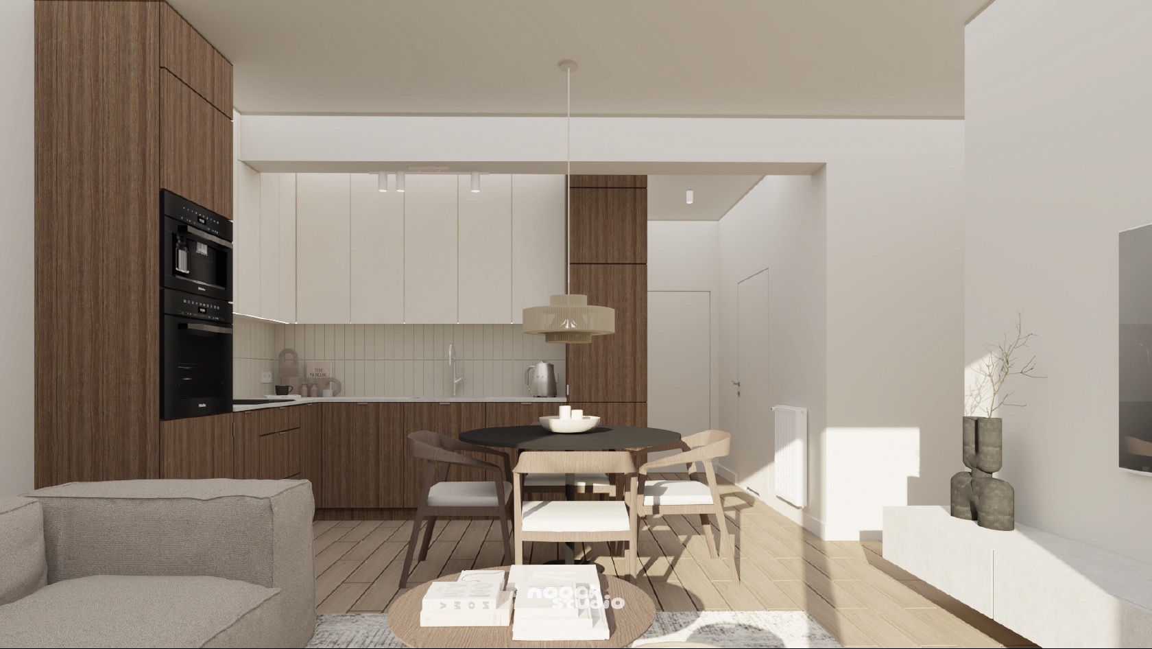 Wizualizacja wnętrza w Ząbkach: nowoczesna kuchnia z jadalnią, drewniane szafki, okrągły stół, minimalistyczny design, jasne kolory, naturalne światło.