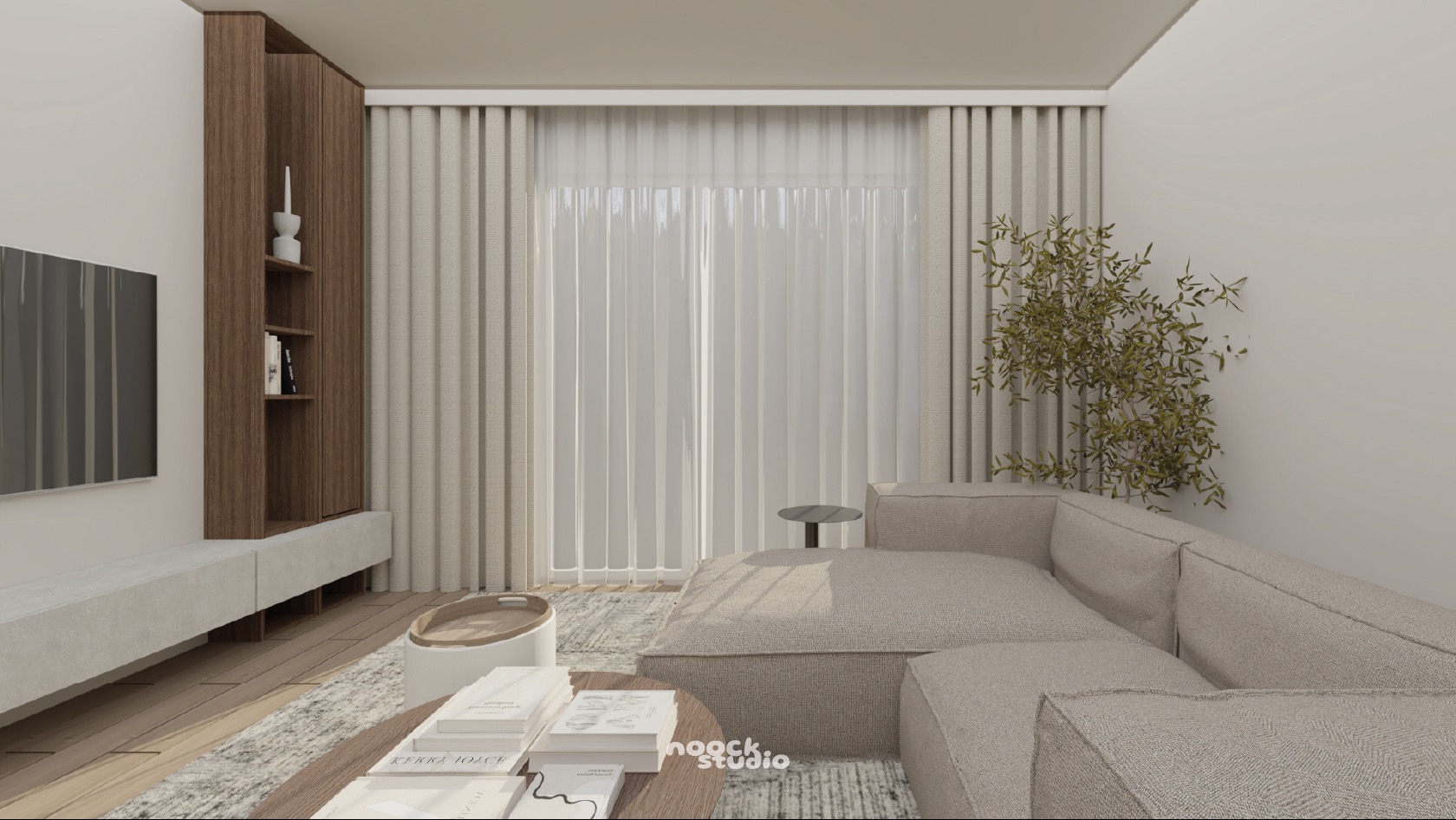 Jasne wnętrze salonu z beżową sofą modułową, drewnianą zabudową i subtelnymi zasłonami. Minimalistyczny stolik kawowy z książkami. Projekt noock.studio.