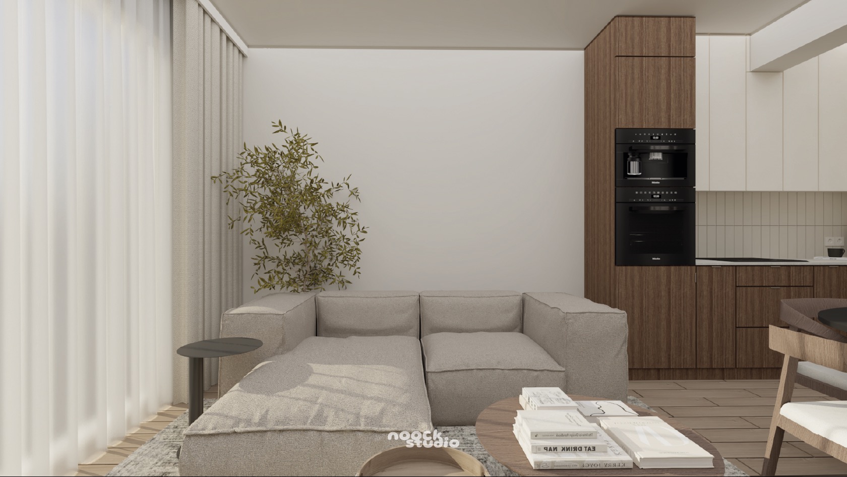 Wizualizacja wnętrza: beżowa sofa modułowa, okrągły stolik kawowy z książkami, minimalistyczna kuchnia z drewnianymi szafkami i sprzętem Miele. Jasne, naturalne światło.