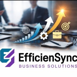 EfficienSync Business Solutions Tímea Hatos-Zatorska - Grafika: Biuro z laptopem, wykresami wzrostu, notatnikiem i okularami. W tle osoby w garniturach. Logo firmy EfficientSync Business Solutions na pierwszym planie.