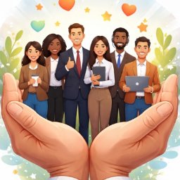 EfficienSync Business Solutions Tímea Hatos-Zatorska - Ilustracja zespołu w dłoniach, symbolizująca wsparcie i opiekę. Różnorodni pracownicy z uśmiechem, otoczeni sercami i gwiazdami. Koncepcja opieki nad pracownikami.