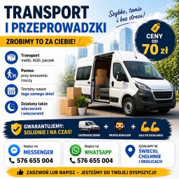 Paweł monikowski - Grafika reklamowa: transport i przeprowadzki. Biały bus z otwartymi drzwiami, kartony, meble. Gwarancja solidności i terminowości. Kontakt Messenger/WhatsApp. Ceny od 70 zł.