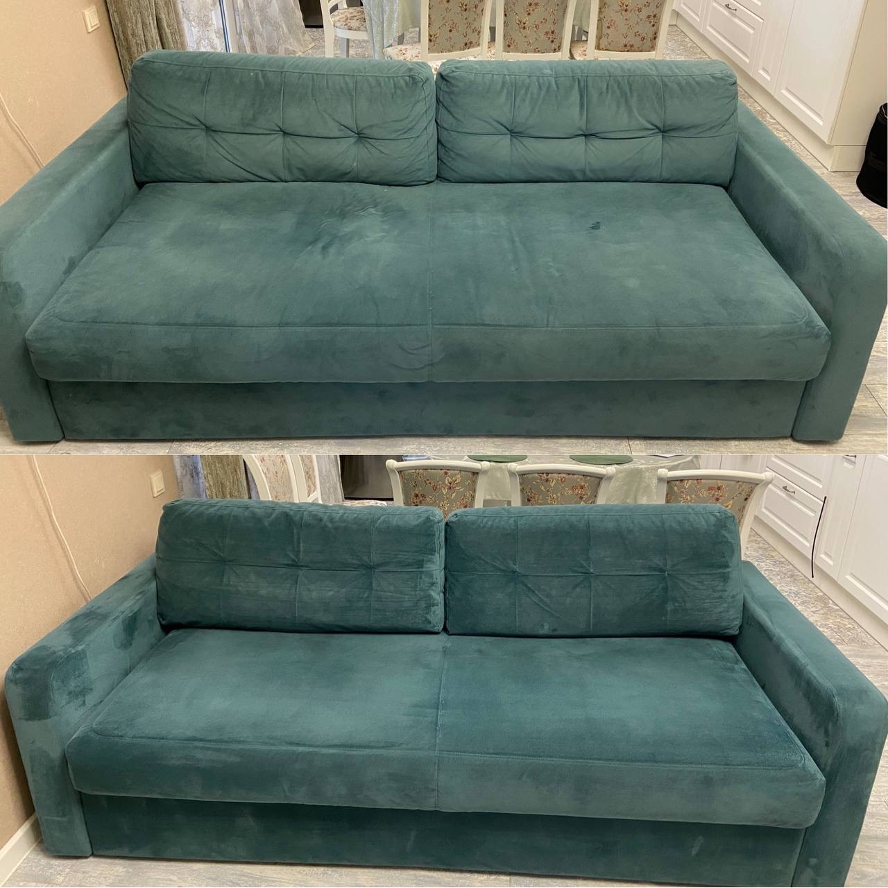 Turkusowa kanapa przed i po czyszczeniu tapicerki. Widoczne różnice w odświeżeniu koloru i usunięciu plam. Ujęcie z przodu, w tle jasne meble kuchenne.