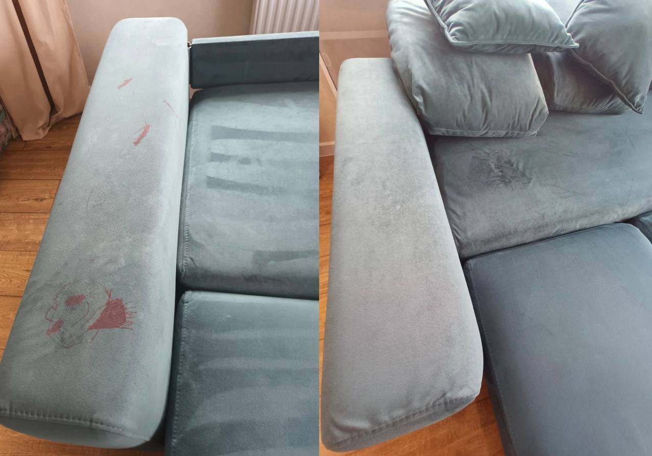 Kanapa welurowa przed i po czyszczeniu. Po lewej widoczne plamy, po prawej czysta tapicerka i poduszki. Efekt prania tapicerki.