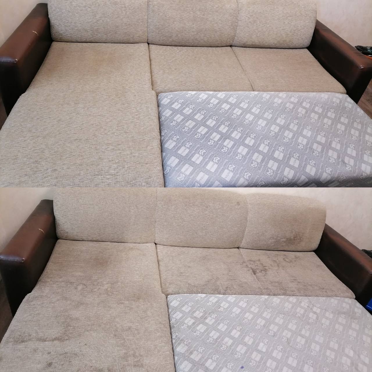 Sofa narożna przed i po czyszczeniu, widoczne plamy i różnica w odcieniu. Usługa wykonana w Gliwicach. Tapicerka beżowa z brązowymi bokami.