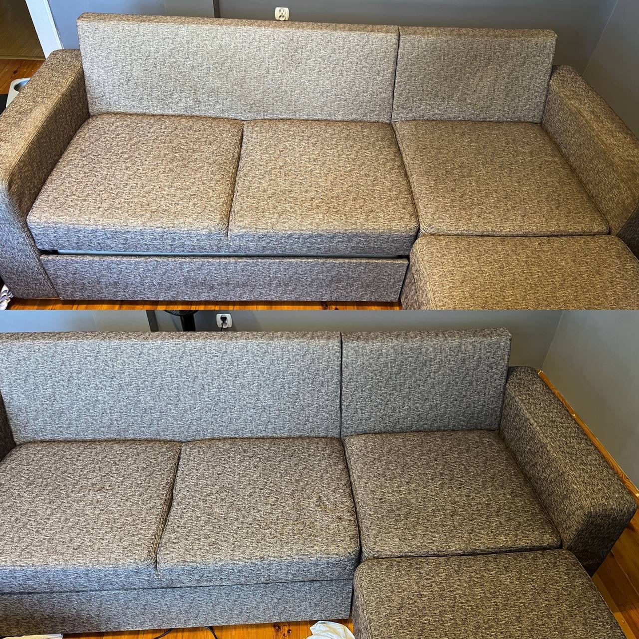 Zdjęcie przedstawia kanapę narożną w ujęciu przed i po praniu tapicerki. Widoczna różnica w czystości i odświeżeniu materiału na poszczególnych fragmentach kanapy.