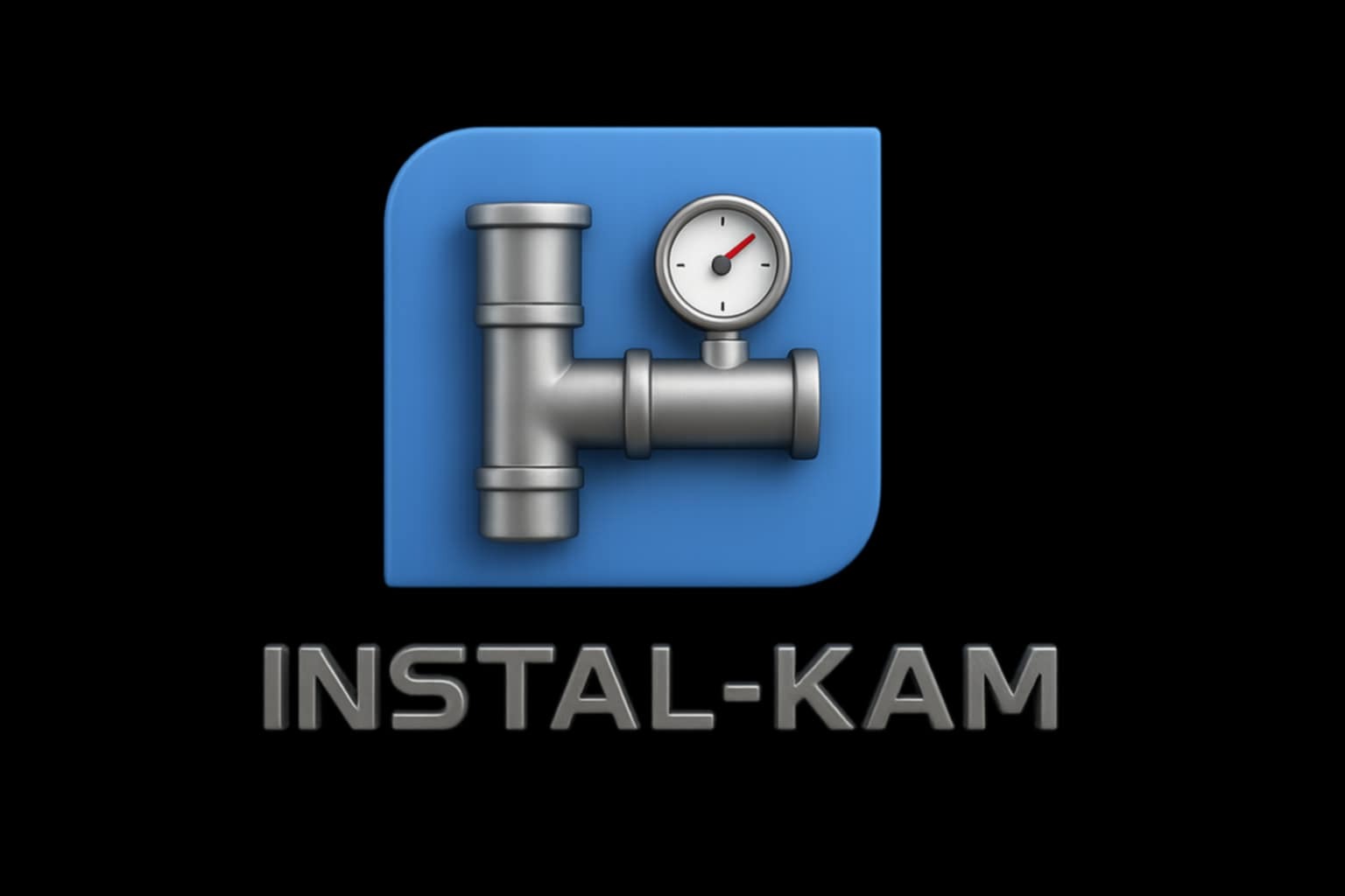 Grafika 3D: Srebrne rury instalacyjne z manometrem na błękitnym tle, poniżej napis 'INSTAL-KAM' w srebrnym kolorze na czarnym tle. Logo firmy instalacyjnej.