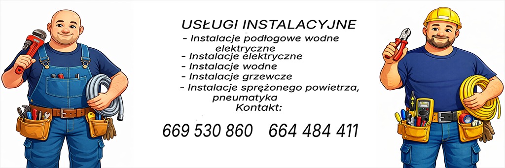 Ilustracja instalatora z narzędziami i listą usług instalacyjnych, w tym ogrzewania podłogowego i instalacji grzewczych, z numerami kontaktowymi.