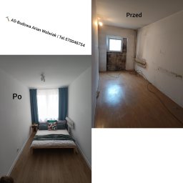 Arian Wolwiak AS-Budowa - Metamorfoza sypialni: od zniszczonych ścian i starej podłogi do jasnego pokoju z nowymi panelami, białymi ścianami, drewnianym łóżkiem i turkusowymi zasłonami.