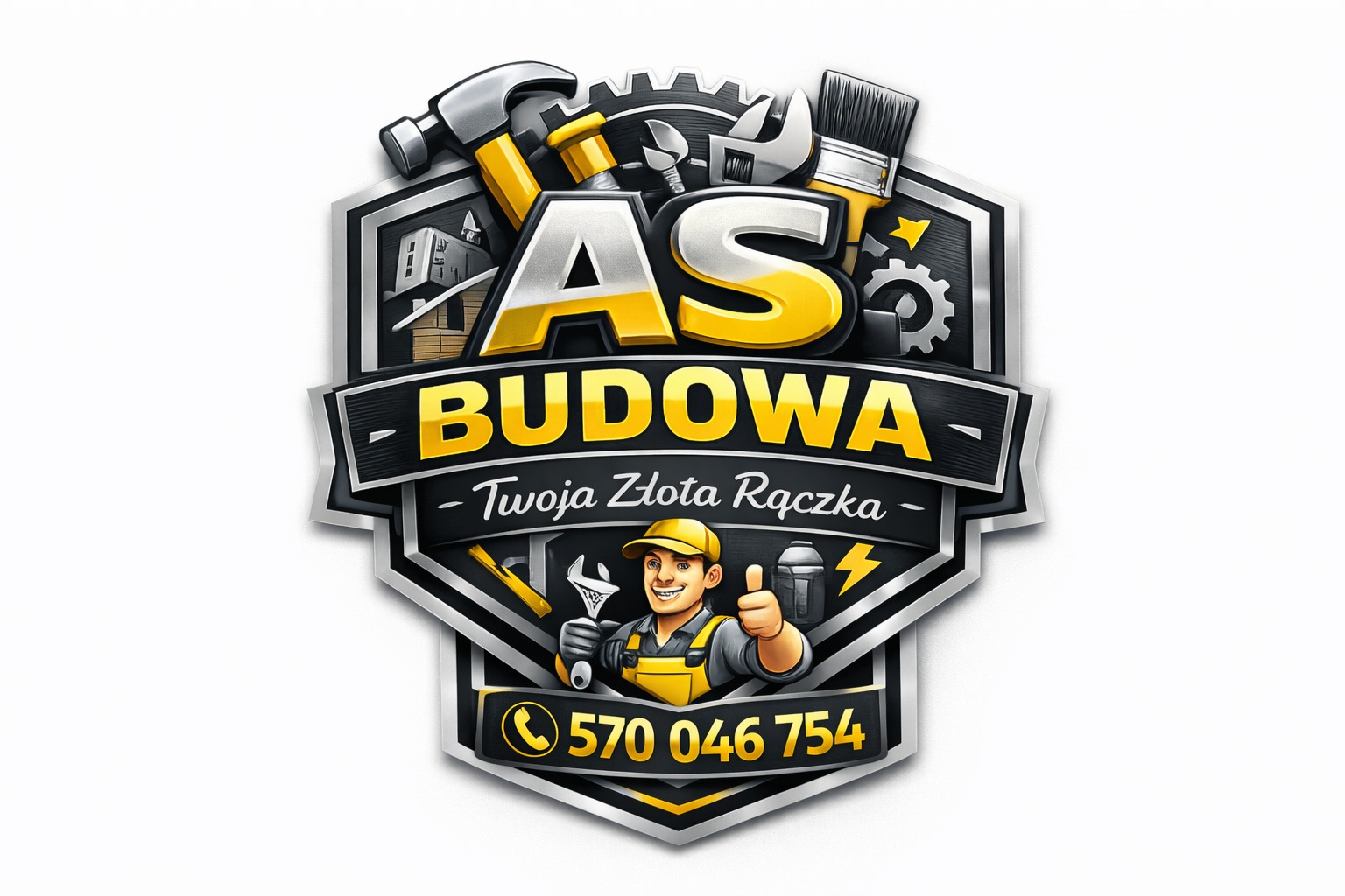 Ilustracja logo firmy budowlanej 'AS Budowa' z narzędziami, uśmiechniętym majstrem i numerem telefonu na białym tle. Grafika w stylu cartoon.