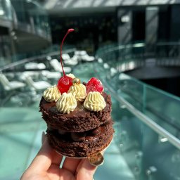 AP events - Dwupoziomowe, czekoladowe ciastko z kremem, maliną i wisienką na tle nowoczesnego wnętrza. Delikatne światło podkreśla detale deseru.