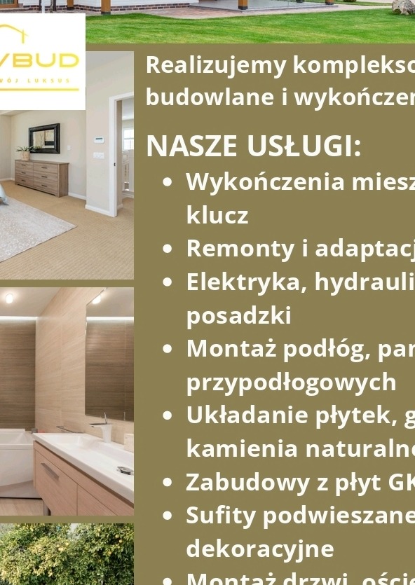 Wykończone wnętrza: sypialnia z komodą i łazienka z umywalką na szafce, prezentowane obok listy usług remontowo-budowlanych firmy. Zieleń w tle.