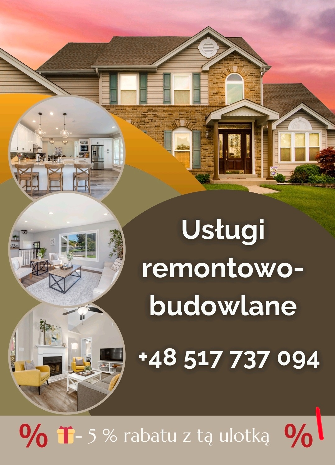 Usługi remontowo-budowlane: dom jednorodzinny z wizualizacjami wnętrz (kuchnia, salon z kominkiem, pokój dzienny) i numerem telefonu. Oferta rabatowa.
