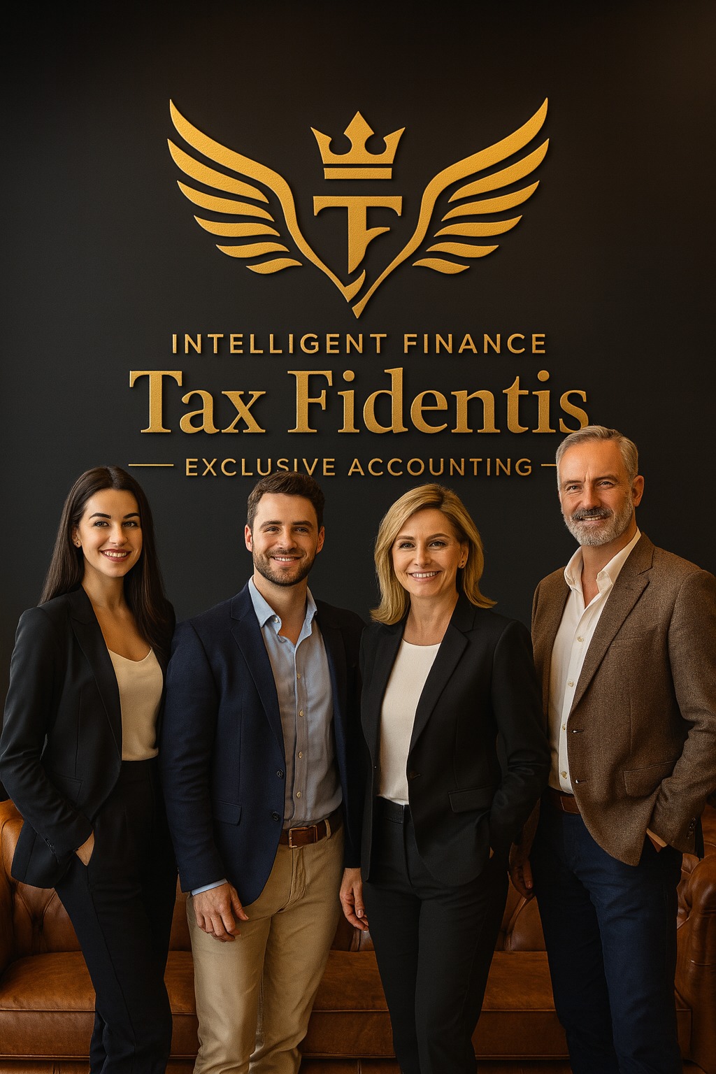 Zespół Tax Fidentis prezentuje się na tle logo firmy. Eleganckie stroje, profesjonalny wizerunek, ciepłe oświetlenie. Ekskluzywne usługi księgowe.