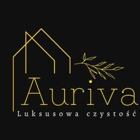 Eleganckie logo firmy sprzątającej Auriva na czarnym tle. Złota grafika domu i gałązki oliwnej nad napisem 'Auriva Luksusowa czystość'.