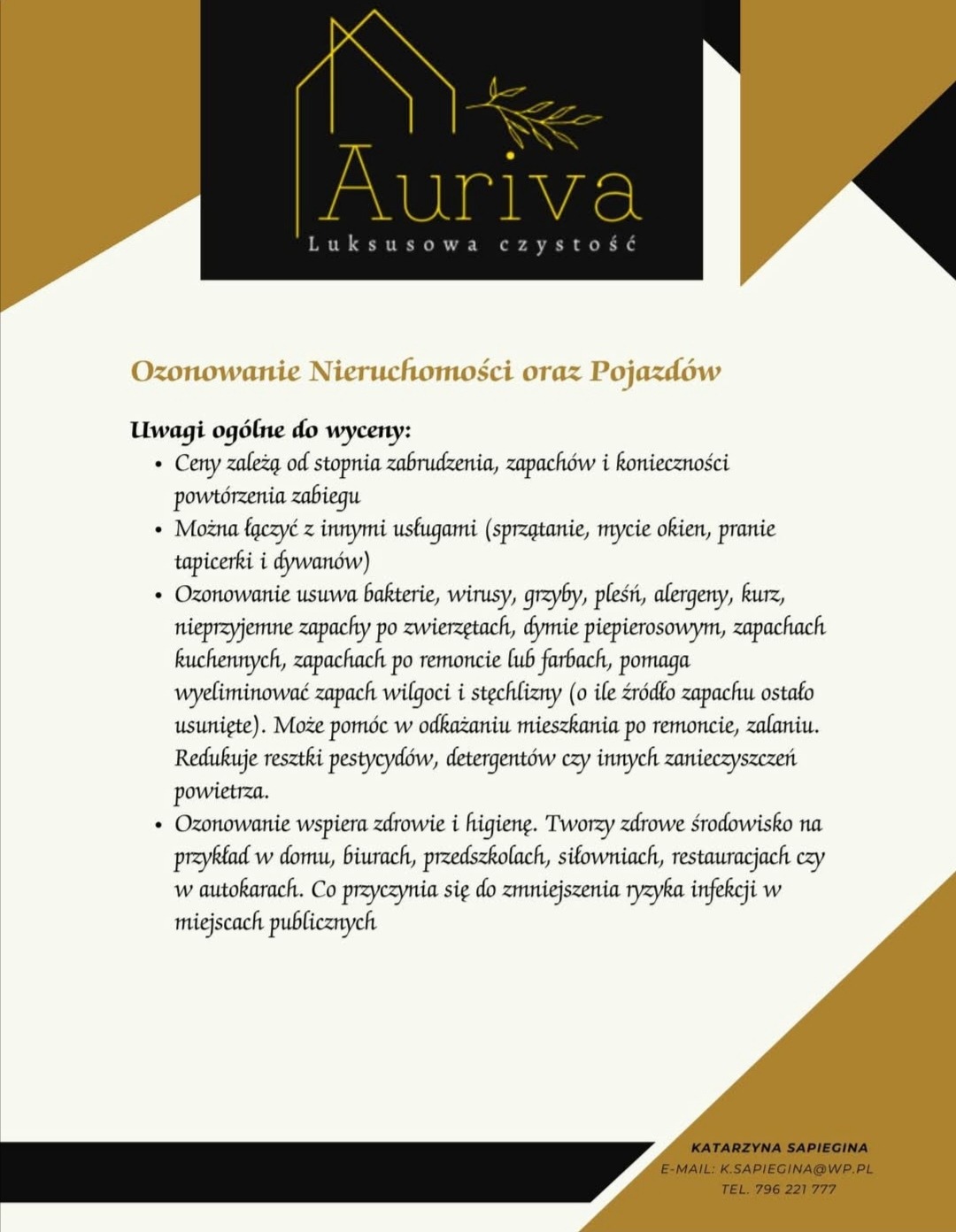 Grafika z logo Auriva - luksusowa czystość, oferująca ozonowanie nieruchomości i pojazdów. Informacje o wycenie, usuwaniu bakterii i wspieraniu zdrowia.