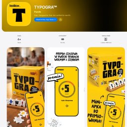 Art and Tech - Łukasz Wilczura - Grafika promująca grę słowną 'TYPOGRA' na urządzenia mobilne. Widoczne pudełko gry, ekran smartfona z interfejsem gry i elementy układanki.