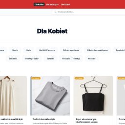 Art and Tech - Łukasz Wilczura - Widok strony kategorii 'Dla Kobiet' sklepu internetowego 'Głogowski Wieszak', z filtrami, podkategoriami i listą używanych ubrań, w tym beżowej sukienki i szarego T-shirtu. Widoczny pop-up...
