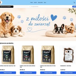 Art and Tech - Łukasz Wilczura - Strona główna sklepu internetowego DogDoc z karmą dla psów, z banerem przedstawiającym Golden Retrievera, szczeniaka, buldoga francuskiego i yorka, oraz listą najnowszych produktów.