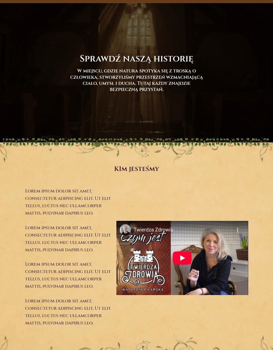 Strona internetowa z nagłówkiem 'Sprawdź naszą historię', tekstem lorem ipsum i wideo z logotypem 'Twierdza Zdrowia'. Kremowe tło z ornamentami.