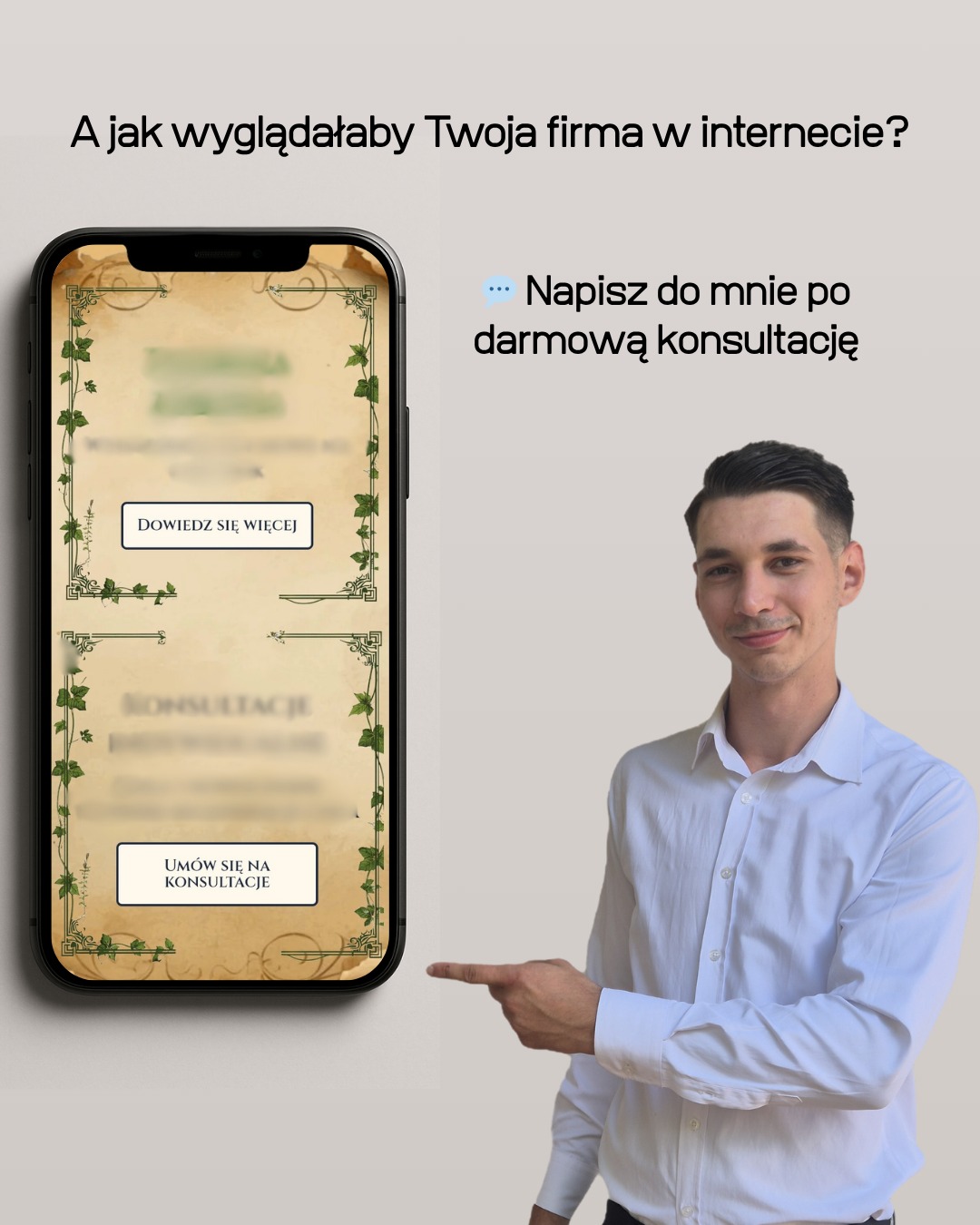 Mężczyzna wskazuje na smartfon z ofertą darmowej konsultacji dotyczącej obecności firmy w internecie. Grafika w stylu vintage z motywem roślinnym.