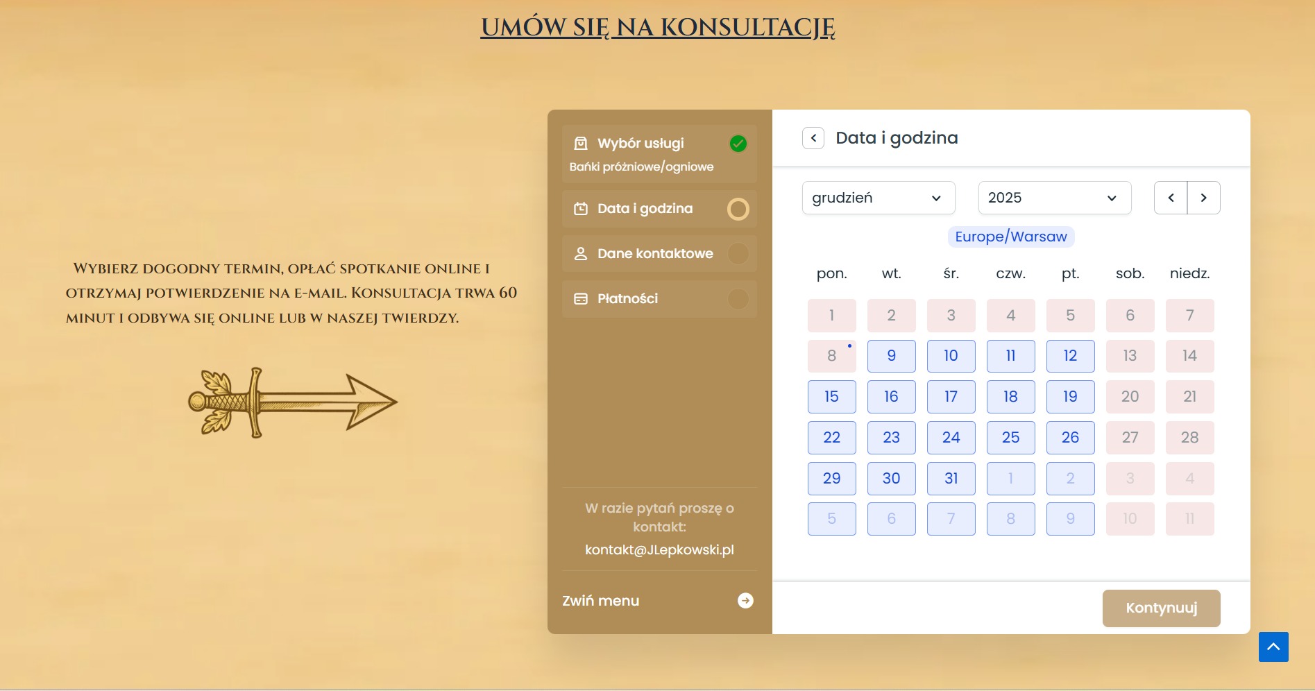 Formularz rezerwacji online konsultacji: wybór usługi, daty, danych kontaktowych i płatności. Kalendarz z zaznaczonymi datami w grudniu 2025. Zwiń menu.