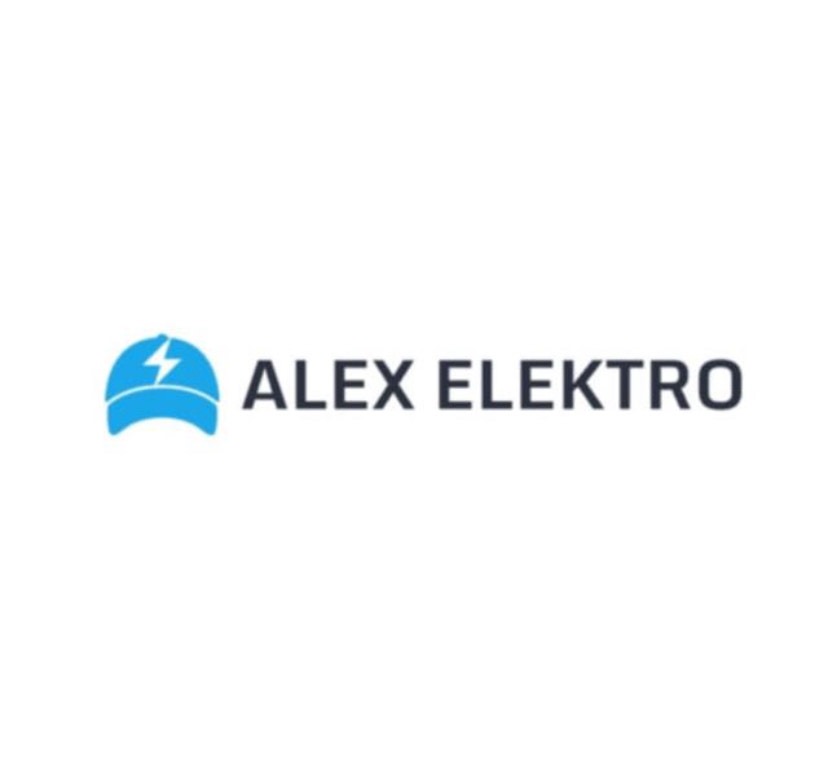 Logo firmy Alex Elektro: niebieski kask z błyskawicą i ciemny napis 'ALEX ELEKTRO' na białym tle. Minimalistyczny, nowoczesny design.