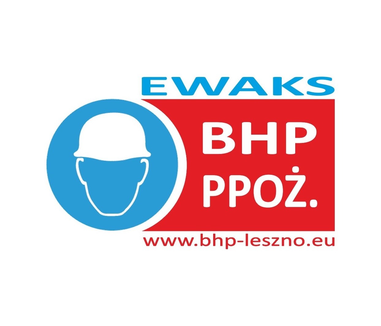 Grafika: Logo firmy EWA-KS BHP PPOŻ z ikoną kasku w niebieskim okręgu i czerwonym kwadracie, adres strony www.bhp-leszno.eu na białym tle.