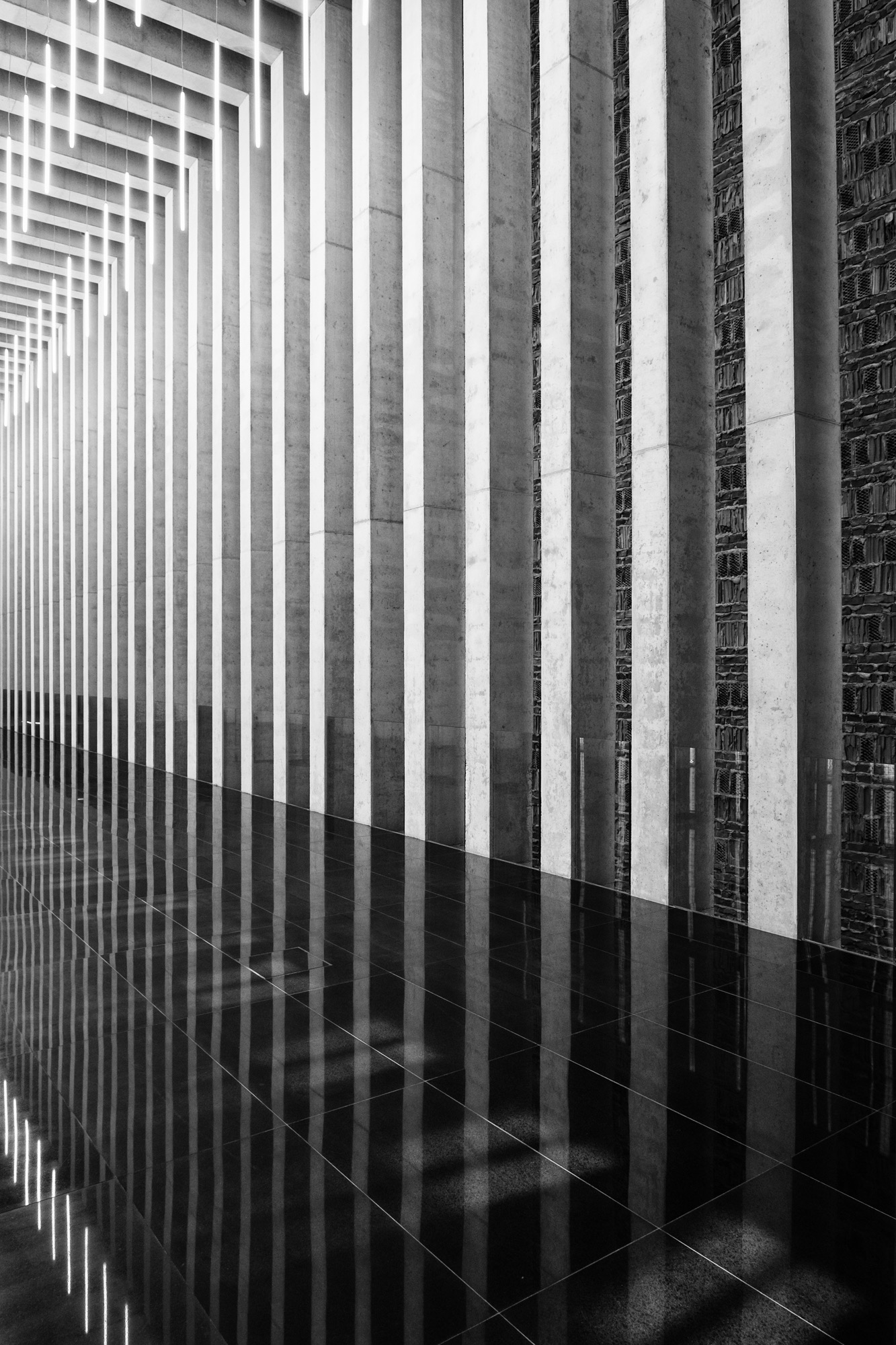 Monochromatyczne zdjęcie wnętrza z rzędem betonowych kolumn i odbiciem w lśniącej podłodze. Górne oświetlenie tworzy geometryczny wzór. Architektura minimalistyczna.