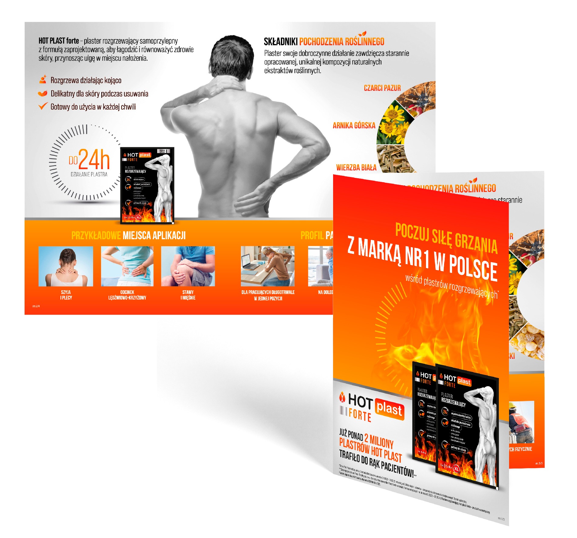 Reklama plastrów rozgrzewających Hot Plast Forte: składniki roślinne, miejsca aplikacji (szyja, plecy, odcinek lędźwiowy, stawy), działanie do 24h. Produkt nr 1 w Polsce.