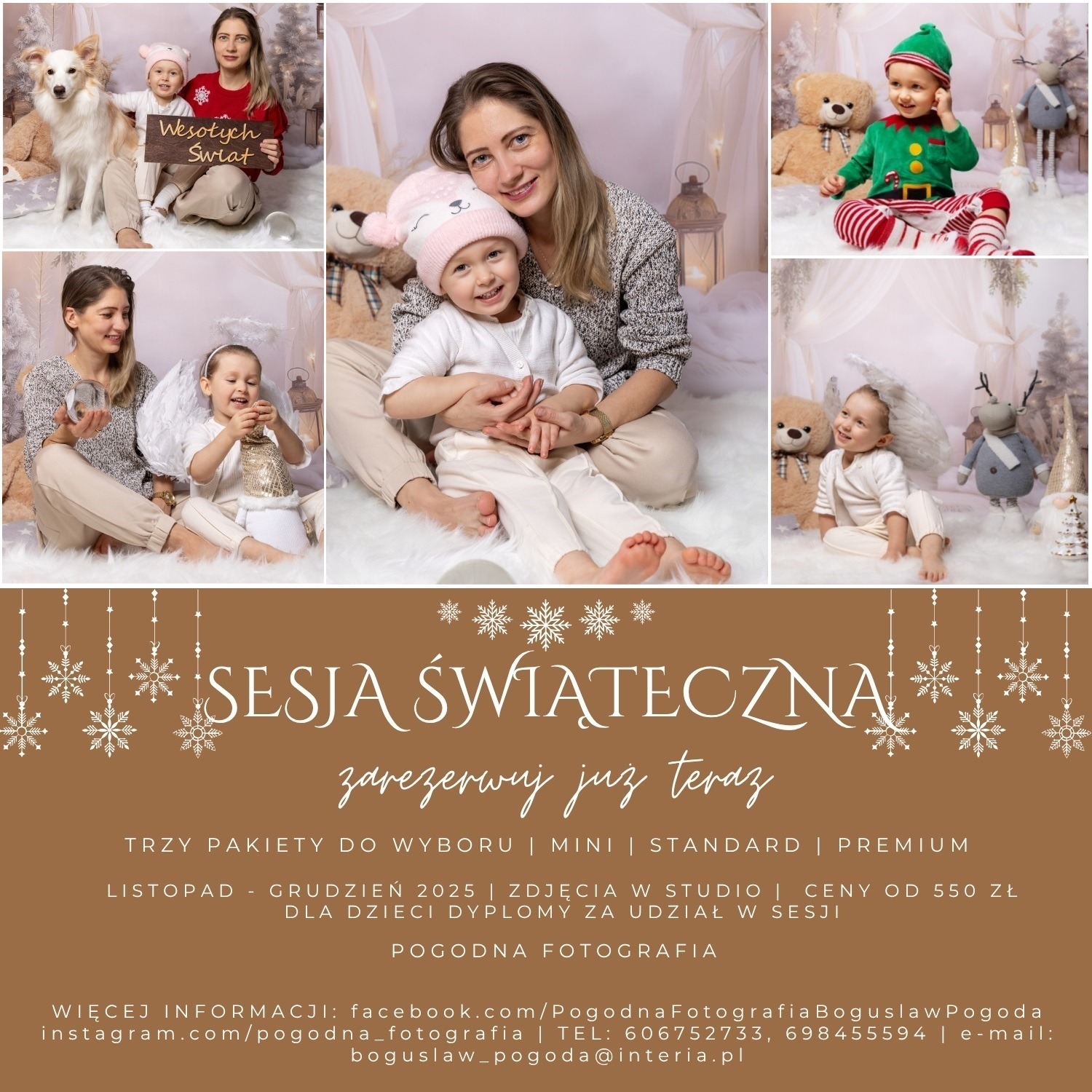 Kolaż z sesji świątecznej: mama z dziećmi w świątecznych stylizacjach, pies z tabliczką 'Wesołych Świąt'. Reklama sesji z pakietami i cenami.