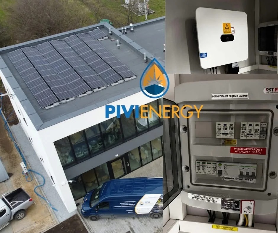 Instalacja paneli słonecznych na dachu budynku, widoczny rozdzielnik AC i inwerter. Na dole zaparkowany firmowy bus z logo. Fotowoltaika dla firm.